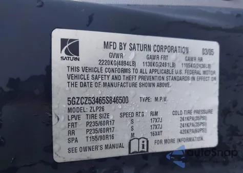 2005 Saturn Vue V6 из США, поврежденный, VIN 5GZCZ53465S846500